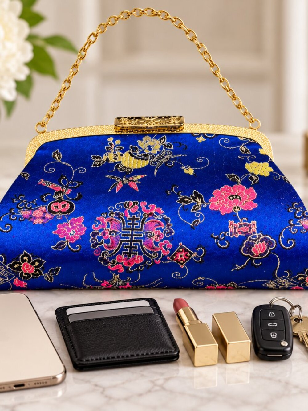 Asian Brocade Royal Blue Floral Clutch w/ Detachable Chain Strap